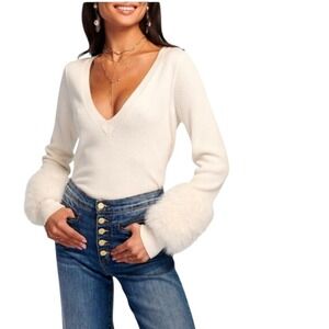 Ramy Brook Brody faux fur trim knit Cream Sweater V Neck cashmere wool XS $395